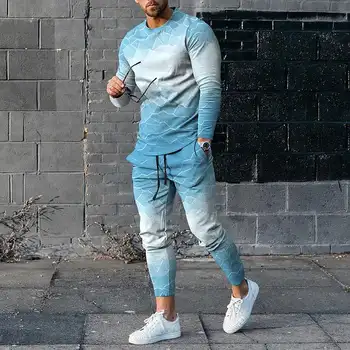 גברים שרוול ארוך חולצות ומכנסיים שני חלקים גיאומטריה אופנה 3D מודפס של גברים סטים מזדמן חליפת נייקי טק צמר