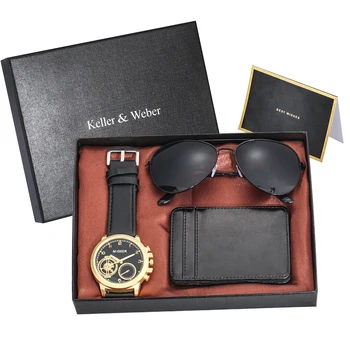 גברים של שעון מתנה סט שיק צהוב מקרה קוורץ שעון דיגיטלי שחור בעל כרטיס האשראי ארנק, משקפי שמש איש שעונים בסדר קופסא מתנה