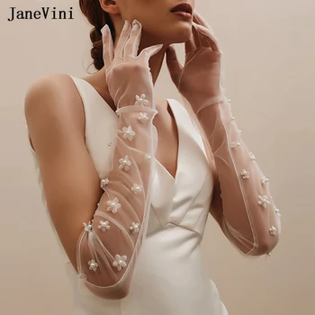JaneVini 55cm לבן ארוך כלה כפפות פרחים בעבודת יד פנינים טול כפפות 