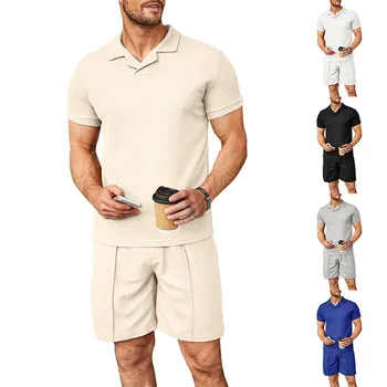 2023 הגברים הקיץ החדשים ואפל V-צוואר חולצת פולו דש שרוול קצר חולצת הטריקו של הגברים חליפת בגדי מעצבים