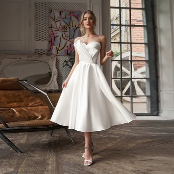 אלגנטי אירוסין קצרים שמלות ערב לחתונה הכלה סאטן סטרפלס רשמי שמלת כלה קו לבן תה אורך מחוך