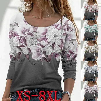 2022 חדשה סתיו חורף נשים אלגנטי שרוול ארוך פרח להדפיס חולצה חולצות בגדים קלאסיים XS-8XL