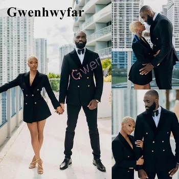Gwenhwyfar אופנה מותאם אישית הזוגיות החתן טוקסידו שחור ז ' קט של גברים מזדמנים חליפה (קט + מכנסיים) חתונה