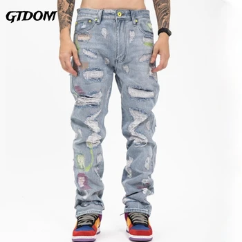 גברים 2023 סתיו פופולרי חדש הלוגו של רחוב אירופאי רקמה חורים ללכת עם וינטג 'ינס מכנסיים אופנה זוג ג' ינס