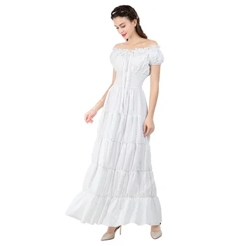 ימי הביניים השמלה כתף ויקטוריאני אירי שמלות האירופי בגדים עבור נשים לבן אלסטי המותניים שמלה ארוכה אלגנטית