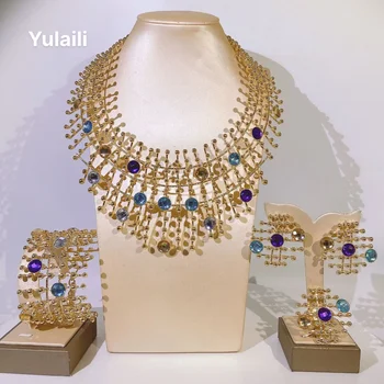 Yulilai צבעוני שרף סט תכשיטי נשים משלוח חינם פורצלן אביזרים מצופה זהב תכשיטים
