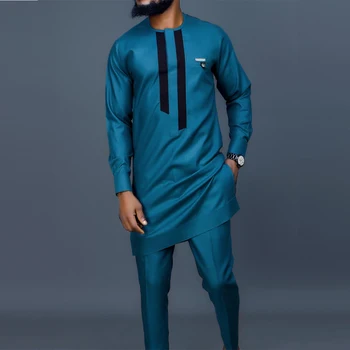 2023 חדש של גברים אלגנטי חליפת מכנסיים וחולצה להגדיר צבע מוצק צוואר עגול רקמת שרוולים ארוכים מסיבה חברתית סגנון אתני (M-4XL)