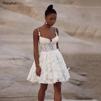 Thinyfull מיני קו-שמלת כלה מתוקה ספגטי רצועת אפליקציות שמלת כלה ללא שרוולים לנשים קצרות שמלות כלה 2023