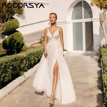 RODDRSYA רומנטי ספגטי רצועה V-צוואר שמלת החתונה סקסי ללא משענת גבוהה לפצל את שמלת הכלה אלגנטית טול אפליקציה כלת המסיבה.