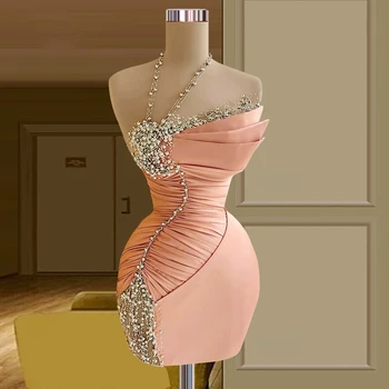 חצאית מיני שמלת קוקטייל לנשים ללא שרוולים ורוד בהיר חרוזים סטרפלס סקסי שמלות לנשף מעל הברך Vestido Feminino