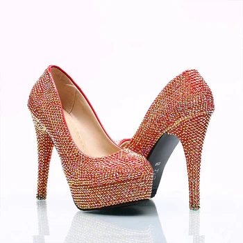 AB בלינג קריסטל אדום נעלי חתונה נשים כלה מסיבת שמלה נעלי סופר גבוה העקב פלטפורמת משאבות שושבינה נעלי ריינסטון