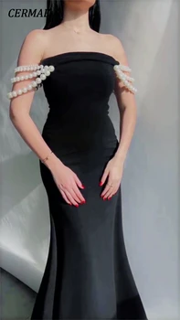 CERMAE סטרפלס קלע פרל ארוך שיפון ערב שמלת נשף שחורה א-קו המפלגה רשמי שמלות לנשים 2023