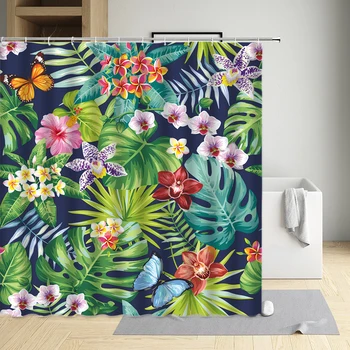 ירוק לעזוב פרח בסגנון נורדי וילון מקלחת פרפרים פלומריה צמחים בד עמיד למים אמבטיה עיצוב אמבטיה מסך עם קרס