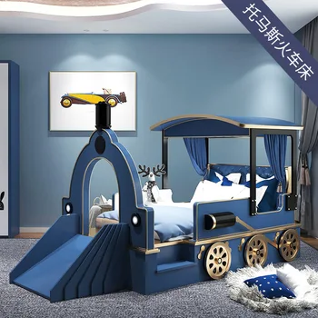 ריהוט ילדים יצירתיים לילדים מיטה מעץ מלא מיטה הרכבת המיטה במלון ערכת נושא מותאם אישית למיטה מיטת יחיד עבור בנים ובנות