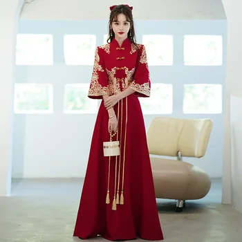 בתוספת גודל Cheongsam טוסט שמלה כלה חתונה באביב אירוסין סינית מסורתית Xiuhe השמלה להגדיר יין אדום ארוך שמלת ערב
