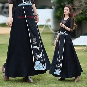 2023 סינית מסורתית חצאית סאטן הלאומי קריין רקמה אלסטית במותניים קו החצאית אתני מזרחי עממי קו החצאית