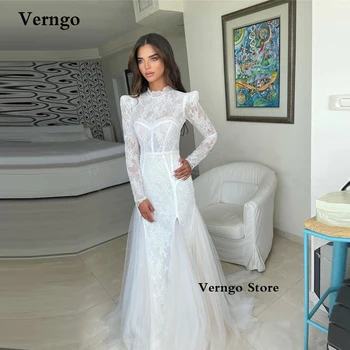 Verngo אלגנטי בתולת ים התחרה שמלות כלה עם שרוול ארוך צוואר גבוה טול דובאי נשים ערביות שמלות כלה החלוק de mariage