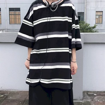 Harajuku פסים חולצת נשים מזדמנים כותנה קצר שרוול חולצת טריקו אופנת רחוב יפנית החולצה מספר הקיץ הקוריאני שחור רופף העליון
