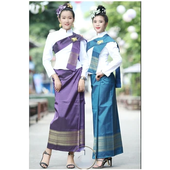 תאילנד לבוש מסורתי של נשים חולצה חצאית מסעדה תאילנדית ברוכים הבאים בגדי העבודה לעמוד צווארון שרוול ארוך עם צעיף
