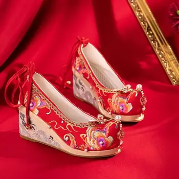 Hanfu רקומה, נעלי נשים סינית מסורתית רקום חתונה כלה נעליים אדומות נעליים רקומות בתוספת גודל 41#