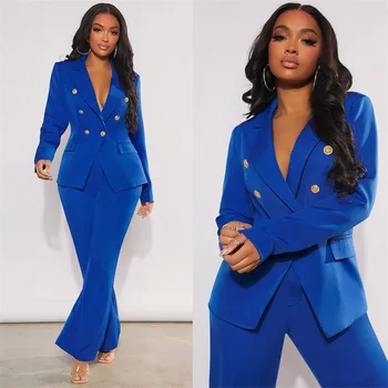 כחול רויאל המשרד נשי חליפה בלייזר 2Pcs מכנסיים להגדיר עסקים מעיל ז ' קט עם כפתור מתכת מותאם אישית גודל שמלה לנשף Женский הגומי