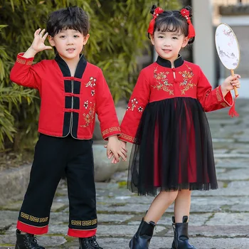 שנה הסינית חדשה לילדים טאנג חליפה להגדיר עבור הסתיו, החורף 2022 Hanfu עבור בנים ובנות בסגנון סיני שני חלקים Hanfu להגדיר