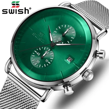 סוויש אופנה חדשה ירוק Mens שעונים העליון מותג יוקרתי עמיד למים ספורט הכרונוגרף קוורץ שעונים גברים כסף Relogio Masculino