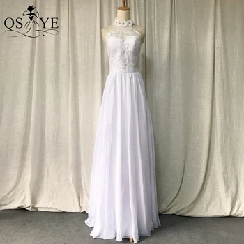 לבן טהור שמלות כלה גבוהה צוואר שיפון תחרה שמלת כלה 3D פרחים כלה שמלת הנישואין חור המנעול בחזרה שמלת החתונה