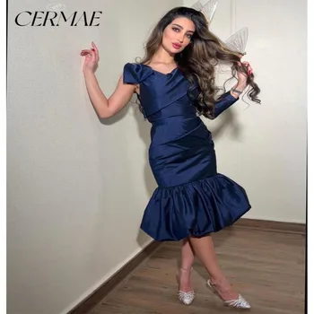 CERMAE סאטן כחול כהה V-צוואר כתף אחת הרזיה אמר אלגנטי ערב רשמית נשף שמלת שושבינה שמלת מסיבת לנשים 2023