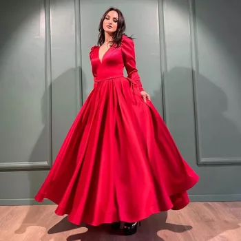 Sevintage אדום קו שרוולים ארוכים דובאי Midi שמלות נשף סאטן V-צוואר שמלות לנשף קרסול אורך שמלת הערב מסיבת שמלות 2022