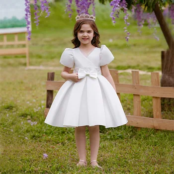 פעוטות בנות 2023 הקיץ נפוח שרוולי מסיבת חתונה, ילדים שמלות שמלת נסיכה ילדים בגדים Vestidos 4-10 שנה