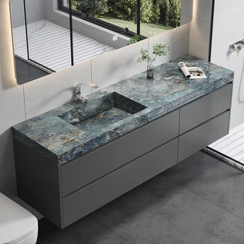 עיצוב חדר האמבטיה שולחן אבן צלחת משולבת ארון אמבטיה בשילוב שטיפת כיור מודרני פשטות