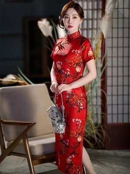 Yourqipao הקיץ סלים משי Cheongsam מסלול אדום אופנה אלגנטית אירועים מסיבת צ ' יפאו בסגנון סיני שמלת כלה לנשים