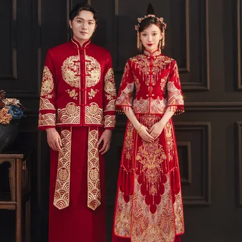 Oversize 5XL 4XL 6XL מסורתיים באיכות גבוהה רקמה כלה חתן חתונה שמלת רטרו סיני מעודן, מסוגנן להתחתן עם Cheongsam