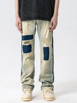 ג ' ינס של גברים BlueBlack שטף כותנה תפרים רופפים ישר רטרו אופנה רחוב מזדמן אופנה ארבע עונות אוניברסלי 1Pc