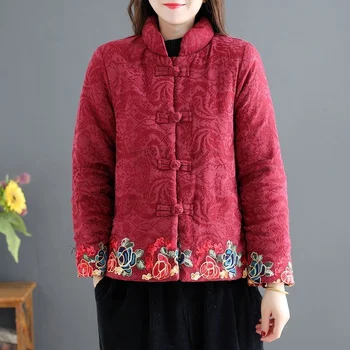 החורף הלאומי סגנון רקמה לעבות מעיל קצר נשים סינית בסגנון וינטג רופף מעיל מרופד נקבה מסורת טאנג חליפה