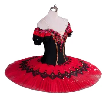 אדום בלט שמלת הברבור מקצועי תחרות תחפושות ביצועים תחרה פלאפי חצאית חדשה קלע V-צוואר שמלת חלק אחד
