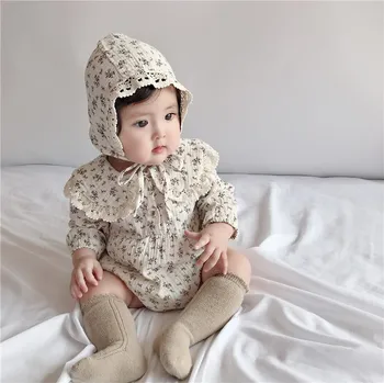 התינוקת שנולדה הילדה Romper+כובע פרחוני מודפס דש שרוול ארוך סרבל אביב קיץ סתיו בגדים, הבגדים של הילדים