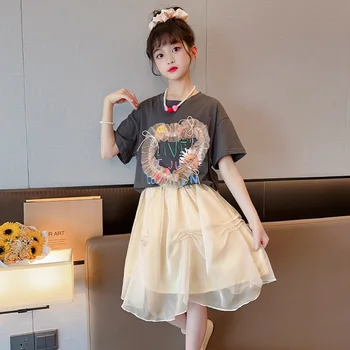 הקיץ בני נוער בגדי ילדות סטים אופנה להדפיס חולצה + חצאית 2pcs תלבושות בית ספר לילדים קוריאנית תחפושת 4 6 8 10 12 14 שנים
