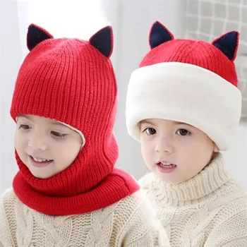 אלסטי חורף כובע לילדים תינוק כובע סרוג חמים צמר בטנה חתול חמוד האוזן כובע לילדים פונפון כובע כובעים הצעיף כל אחד