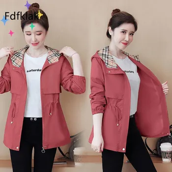 Fdfklak 3XL בתוספת גודל נשים מעיל רוח אמצע אורך חדש האביב הסתיו קוריאנית המותניים עם ברדס מעיל רופף מעיל רוכסן