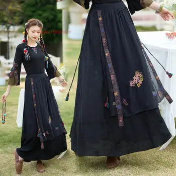 2023 סיני וינטאג', חצאית הלאומי פרח רקמה אתנית harajuku אקארד חצאית מזרחי אלסטי המותניים פולק קו החצאית