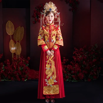 סינית מסורתית נישואין השמלה, החליפה צלחת אבזם פיניקס רקמה Xiuhe בגדים שמלות כלה אדומה שמלת הנשף Cheongsam
