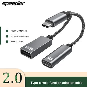 2 In 1 USB 2.0 Type-C מתאם OTG 60W משטרת QC מהר תשלום לספק טלפון נייד חיצוני U דיסק ממיר שני-In-one מפצל כבל