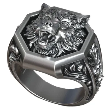 3D בר זאב הראש חותם תבנית גברים טבעת 925 כסף סטרלינג מוצק פאנק שחור טבעת זהב.