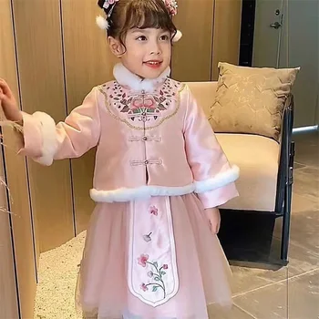 2023 הילדה רטרו אדום ברכה לשנה חדשה שמלות ילדה סינית מסורתית בסגנון רקמה Hanfu צ ' יפאו ביצועים הנסיכה Vestido