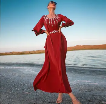 הקיץ מרוקאי מסיבת אופנה של נשים דובאי שמלת שיפון ריינסטון