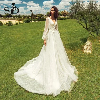 SoDigne בוהו שמלות כלה 2023 חדש צוואר V פולקה דוט טול חתונה כלה שמלת תחרה פאף שרוולים שמלות כלה לנשים
