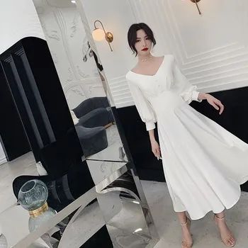 מעולה פנס שרוול שמלת שמלת אמצע אורך אישה לבנה Cheongsam סקסית V-צוואר הבציר כפתור מפורסמים אירועים Vestidos
