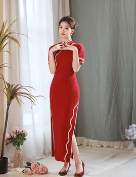 אלגנטי נשים סינית שמלות סקסיות מוצק צבע צ 'יפאו וינטג' מנדרין צווארון רקמה, אפליקציה Cheongsam סאטן